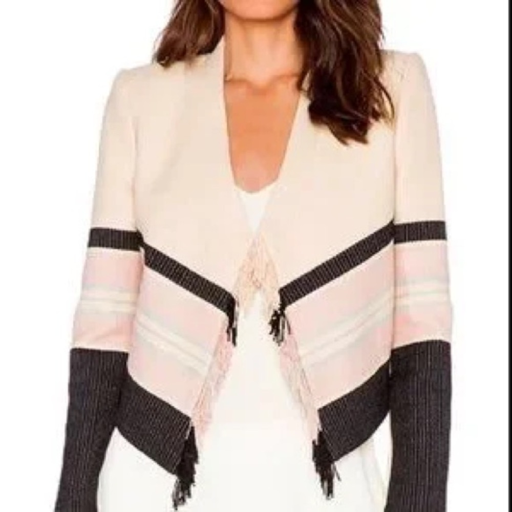 BCBGMAXAZRIA Walker Open Front Southwestern Boho Aztec Fringe Blazer Size XS